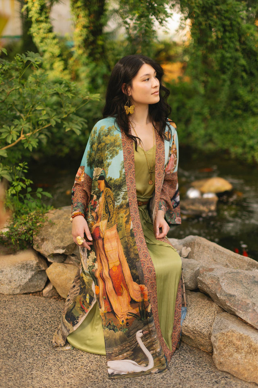 Secret Garden Opera Duster Kimono Robe w/ Swan, Fan - Canada