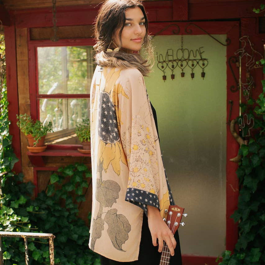 Milk & Honey Matinée Duster Kimono with Sunflower & Bee Print - Canada