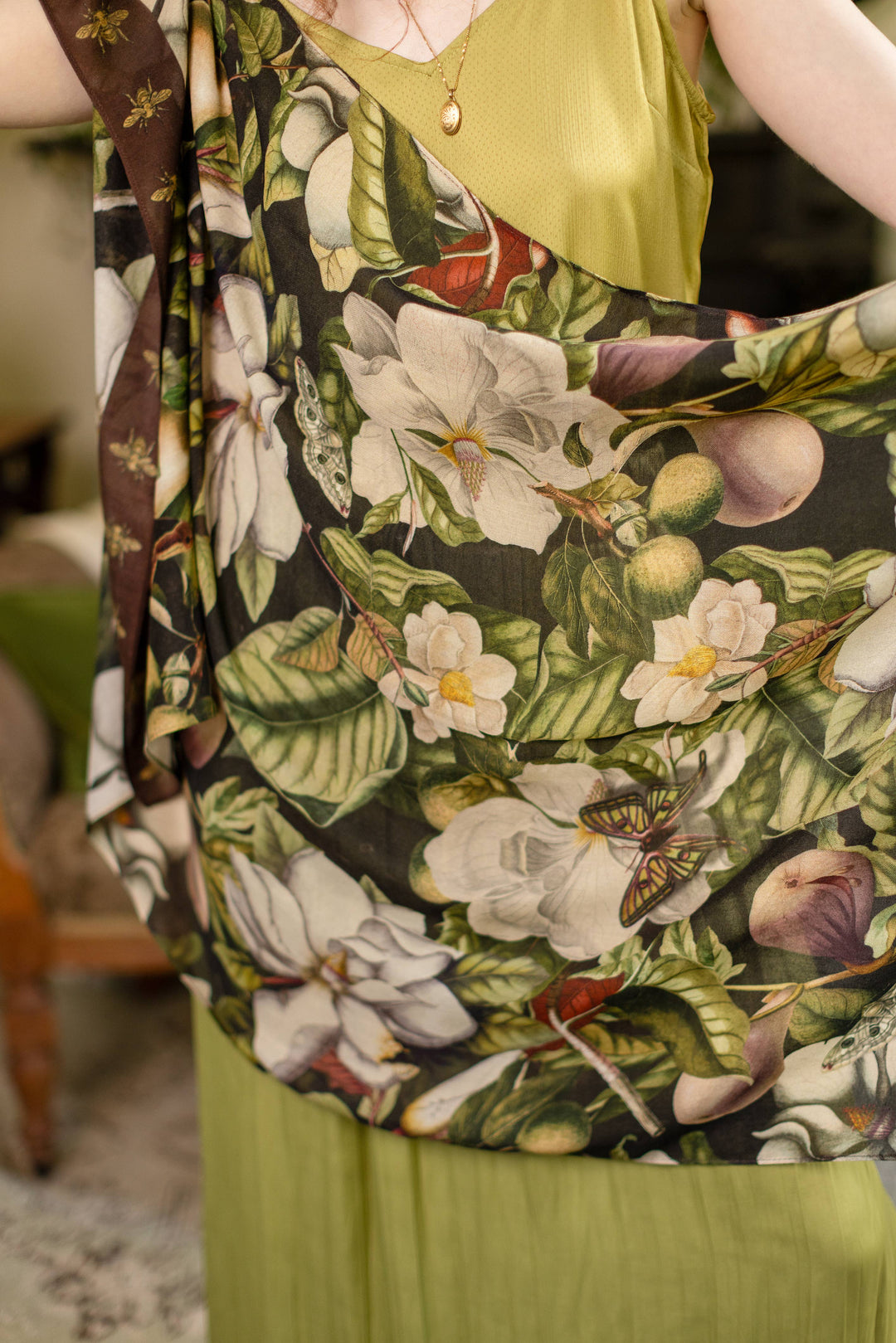 Fleur De Lune Scarf with Floral Print & Bees