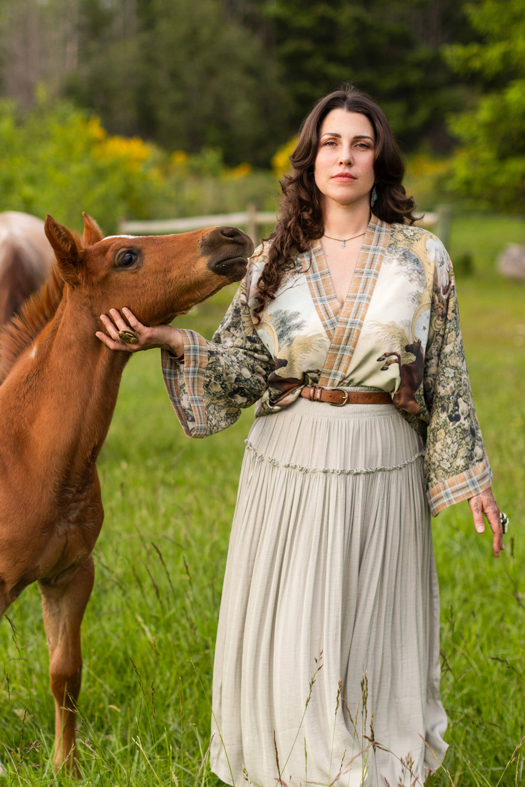 Born to Run Pixie Duster Crop Kimono w/ Horse & Flower Print - Canada