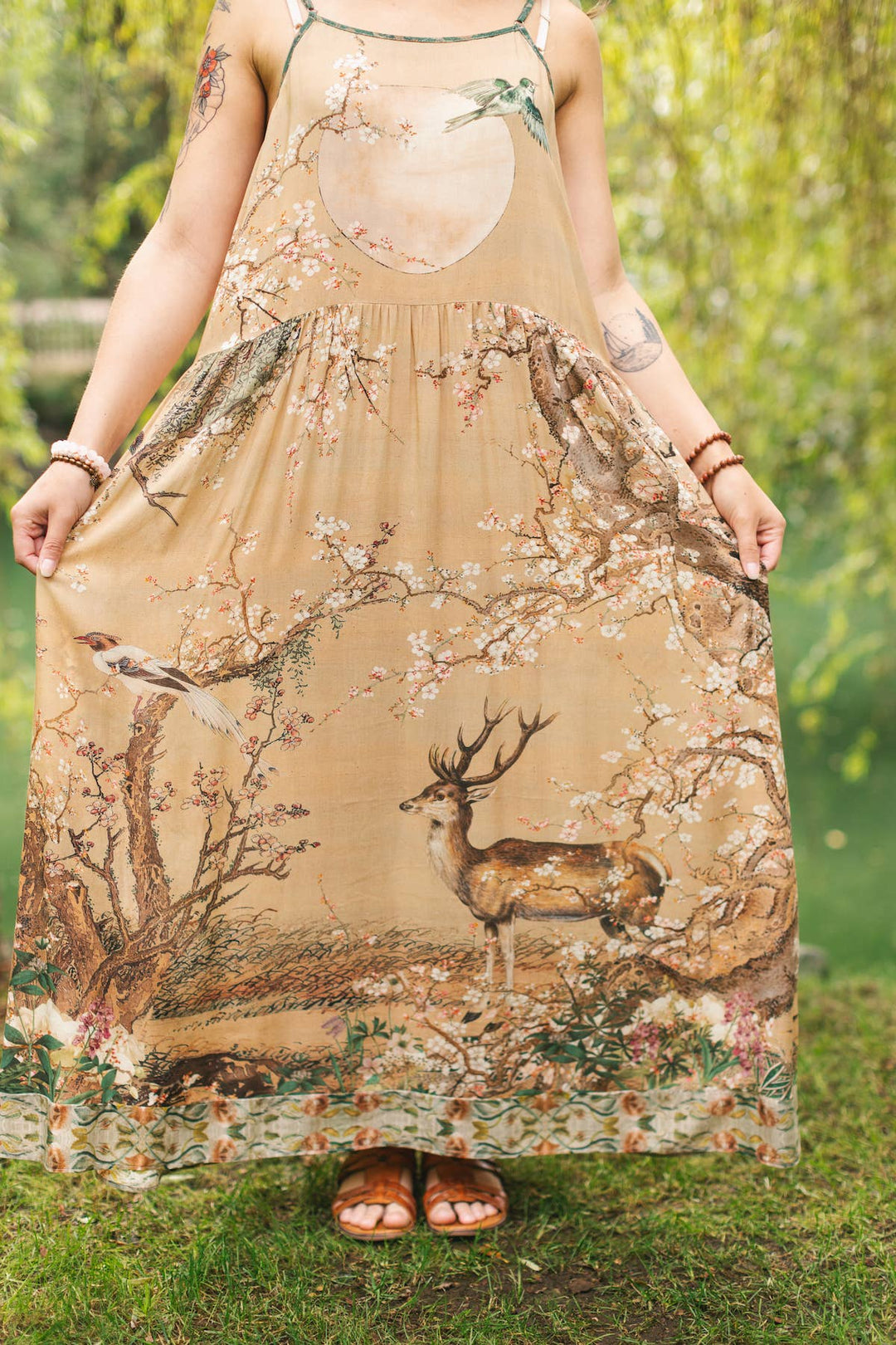 Fable Bohéme Long Maxi Slip Dress w/ Blossoms, Deer & Moon