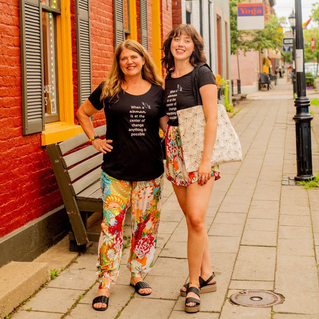 "When a Woman is at the Center of Change” Black Cotton Scoop Neck T-shirt
