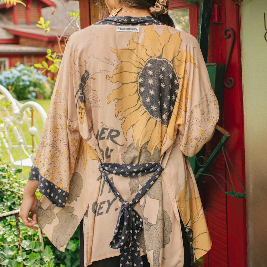 Milk & Honey Matinée Duster Kimono with Sunflower & Bee Print - Canada