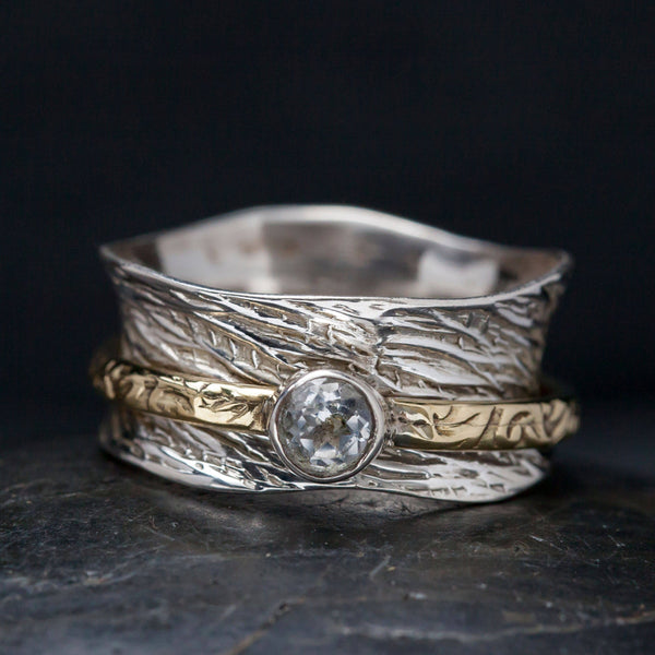 Etched Sterling Silver Crystal Spinner Ring - Rajasthan, India