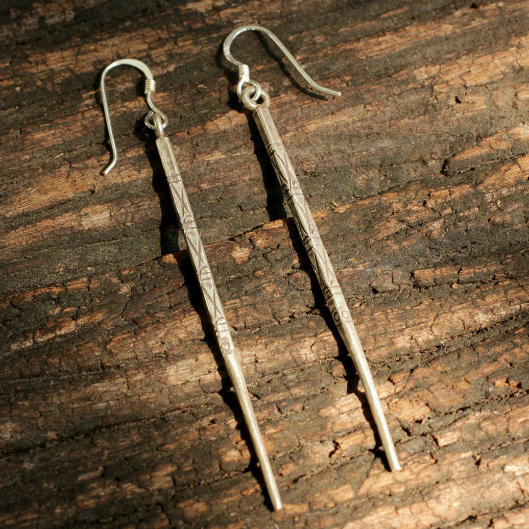 Hill Tribe Silver Etched Needle Earrings - Thailand