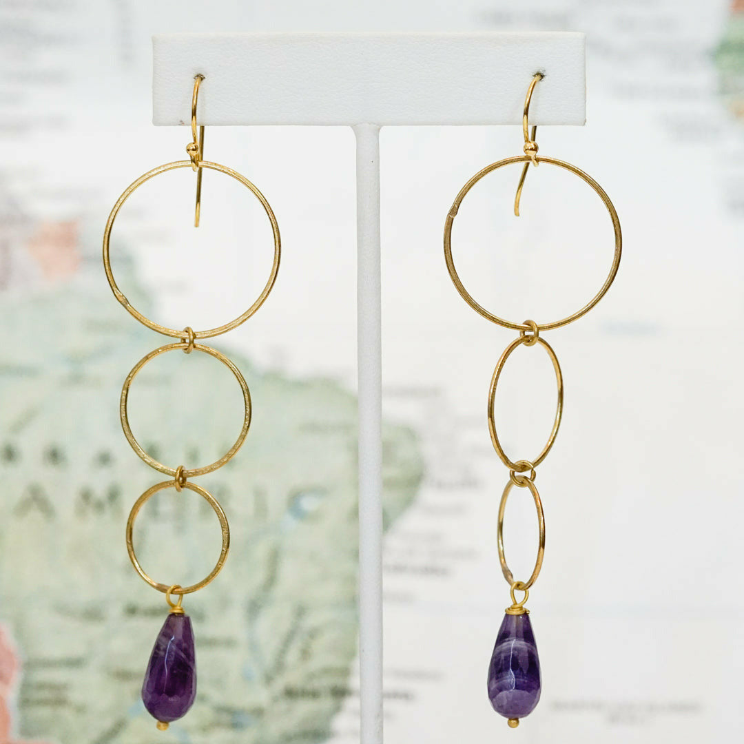 Triple Brass Hoop Amethyst Earring - Rajasthan, India