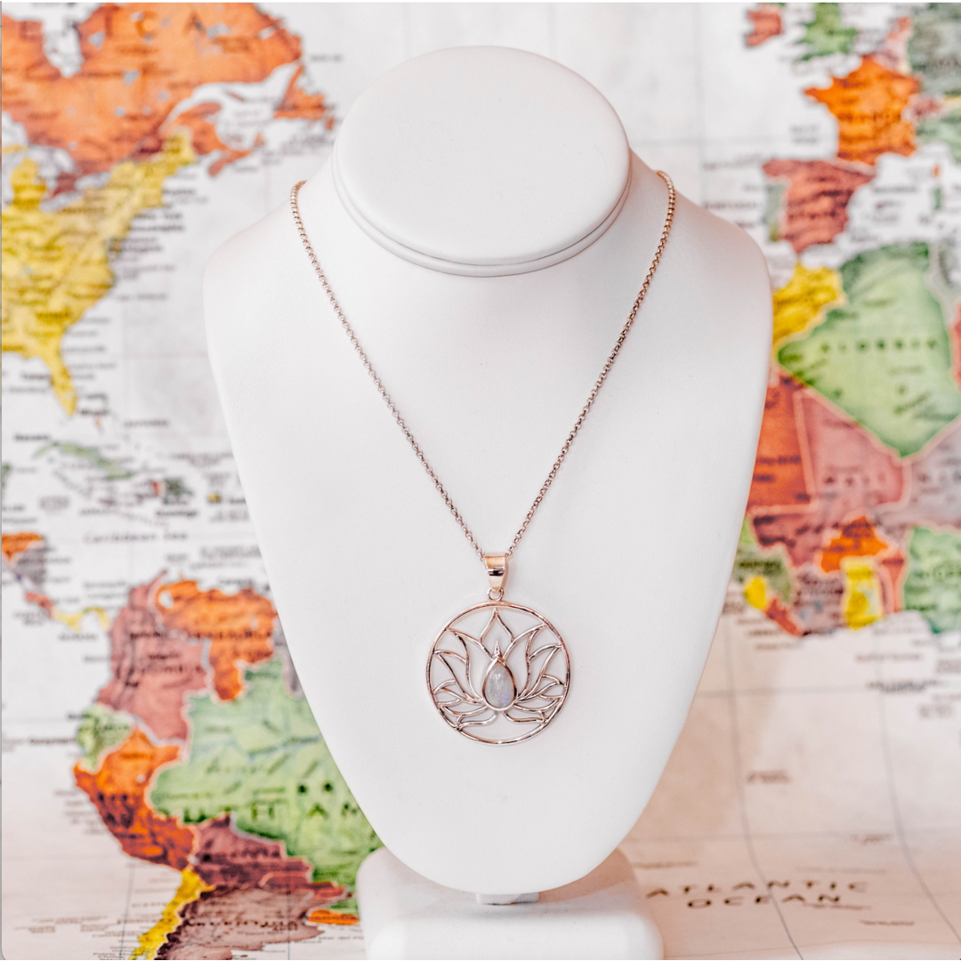 Sterling Moonstone Lotus Necklace - India