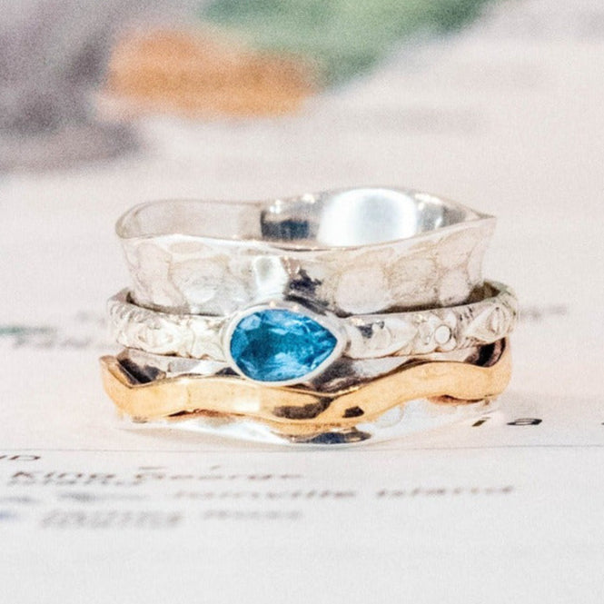 Sterling Silver Wave Meditation Ring, Blue Topaz - Rajasthan, India