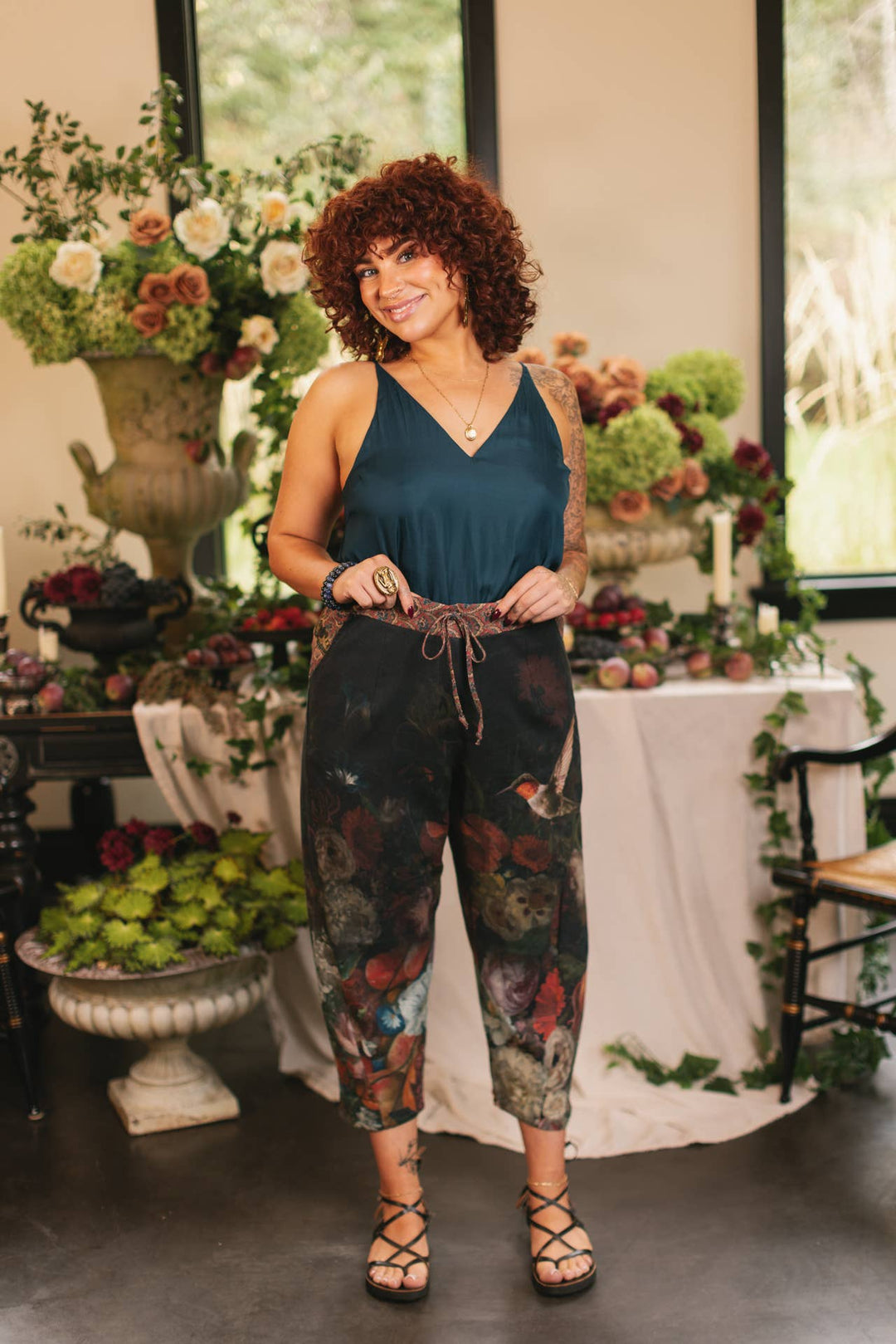 Flight of Fancy Linen Cropped Artist Pants w/ Hummingbird