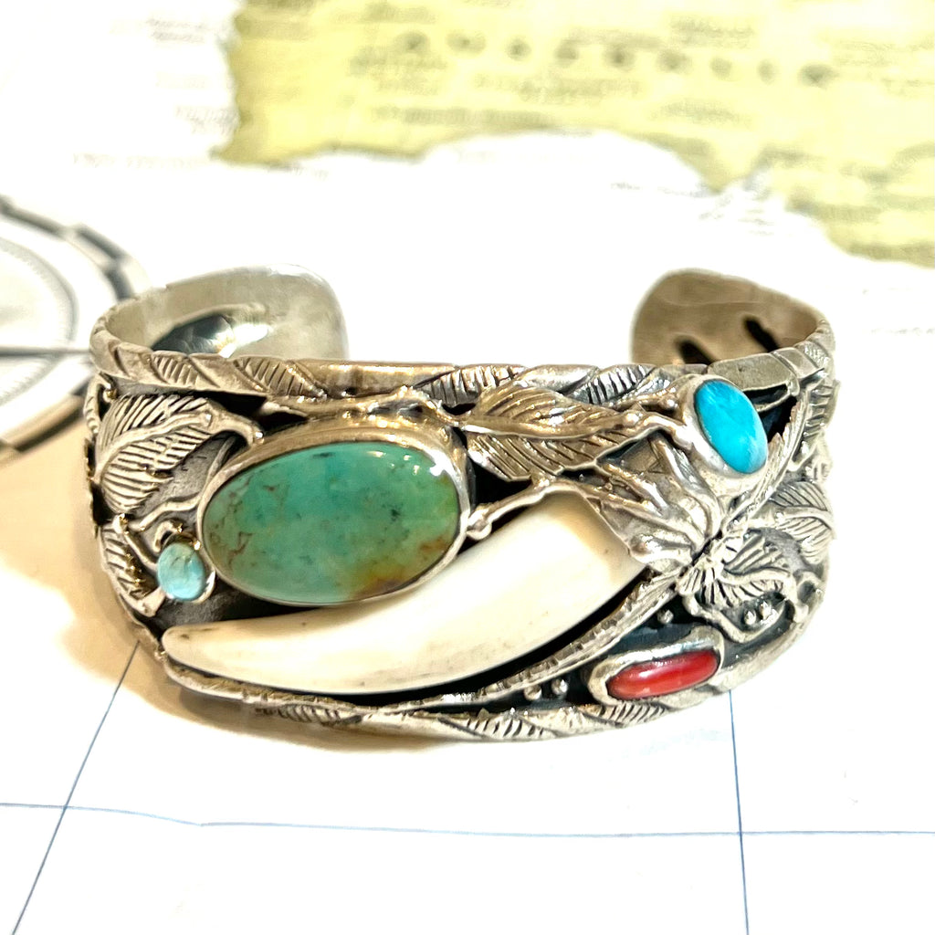Sterling Silver Tibetan Turquoise, Bone and Coral Cuff - Thailand