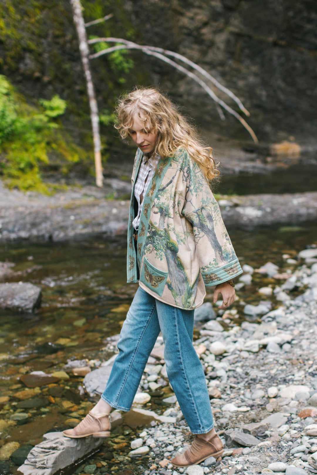 Earth & Sky Fleece Cottage Cardigan Kimono Jacket w/Trees
