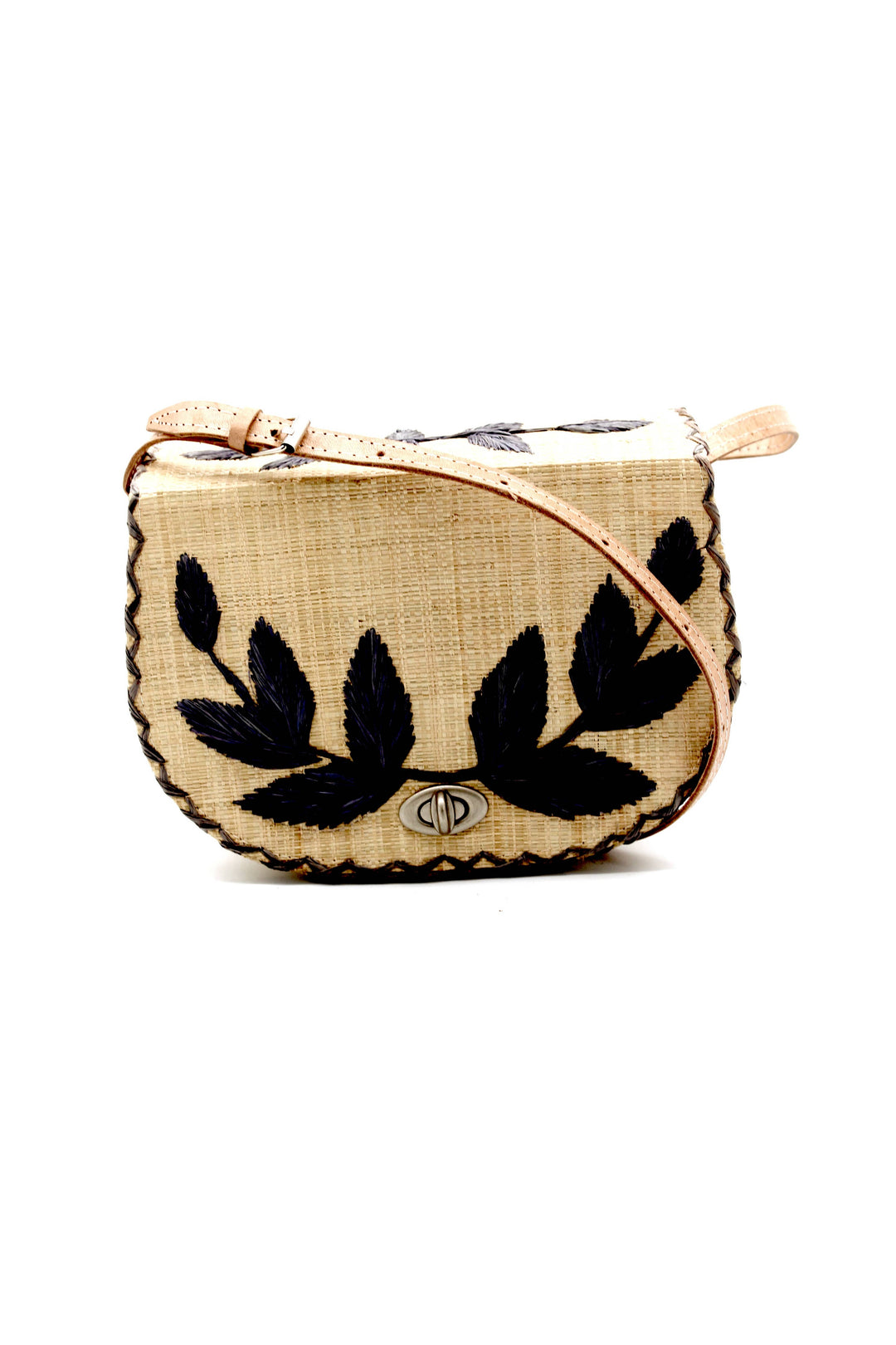 70's Embroidered Vines Straw Crossbody Bag
