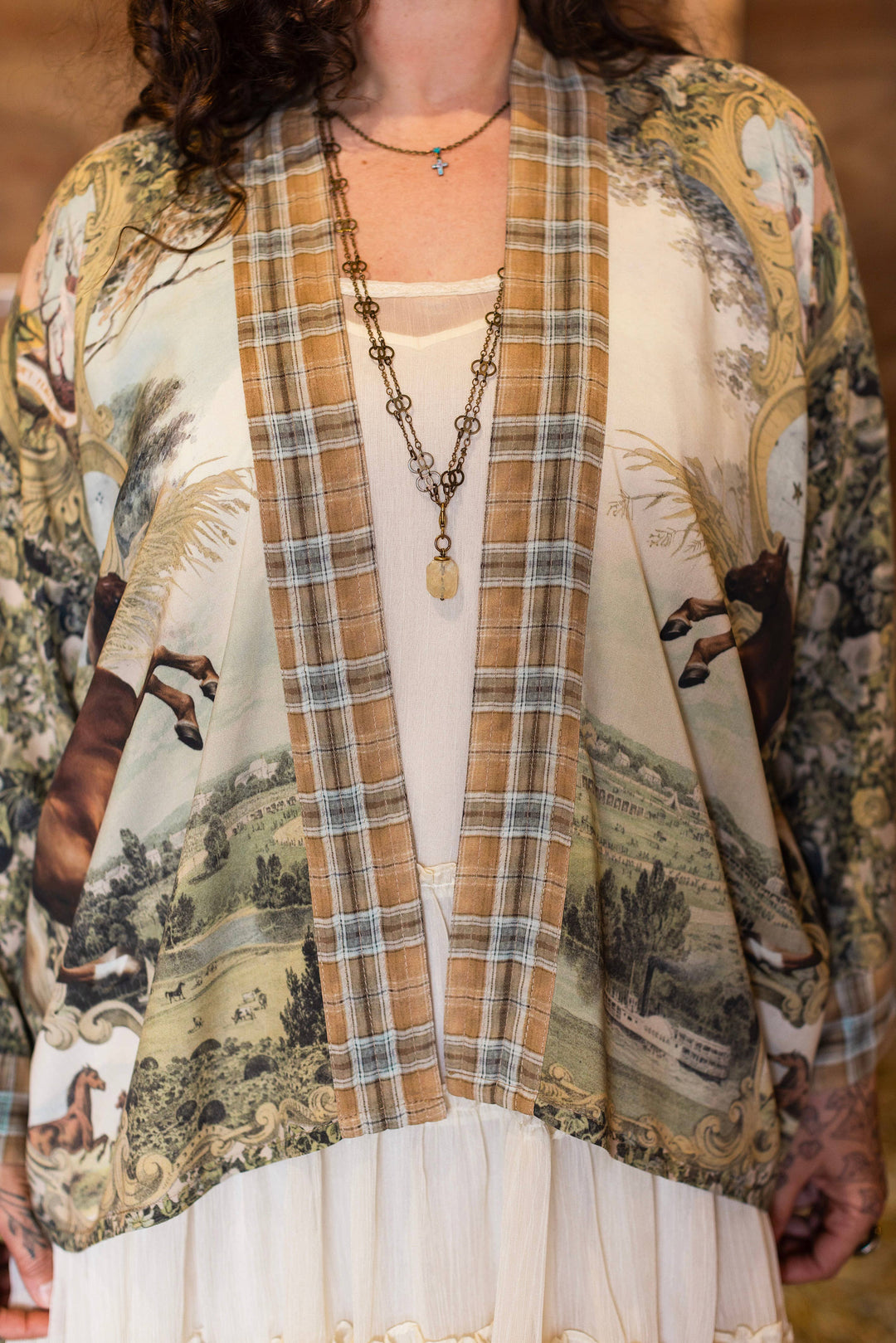 Born to Run Pixie Duster Crop Kimono w/ Horse & Flower Print - Canada