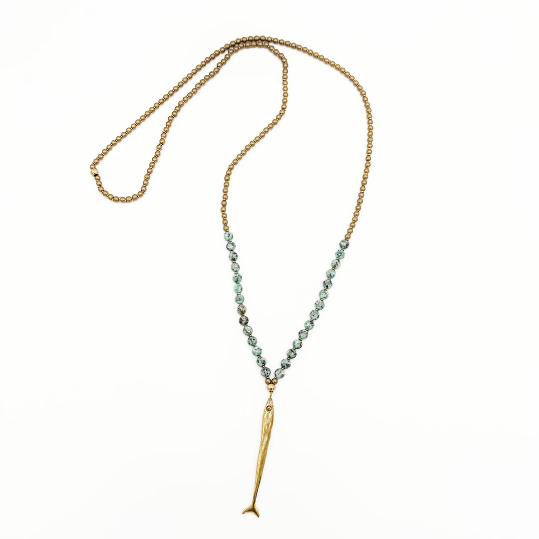 Brass Beaded Fish Pendant Necklace - Northern India