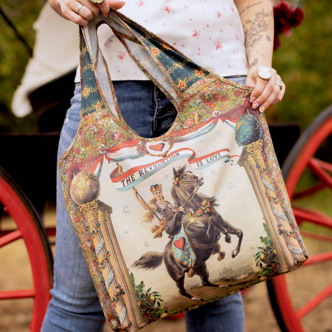 Love Revolution Boho Linen Tote Bag w/ Sun, Horse & Florals
