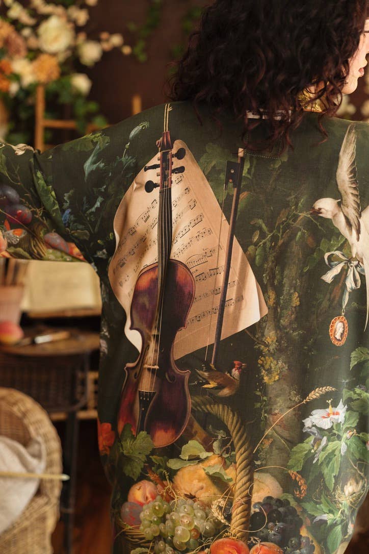 Labour of Love Opera Duster Kimono Robe w/ Florals & Violin