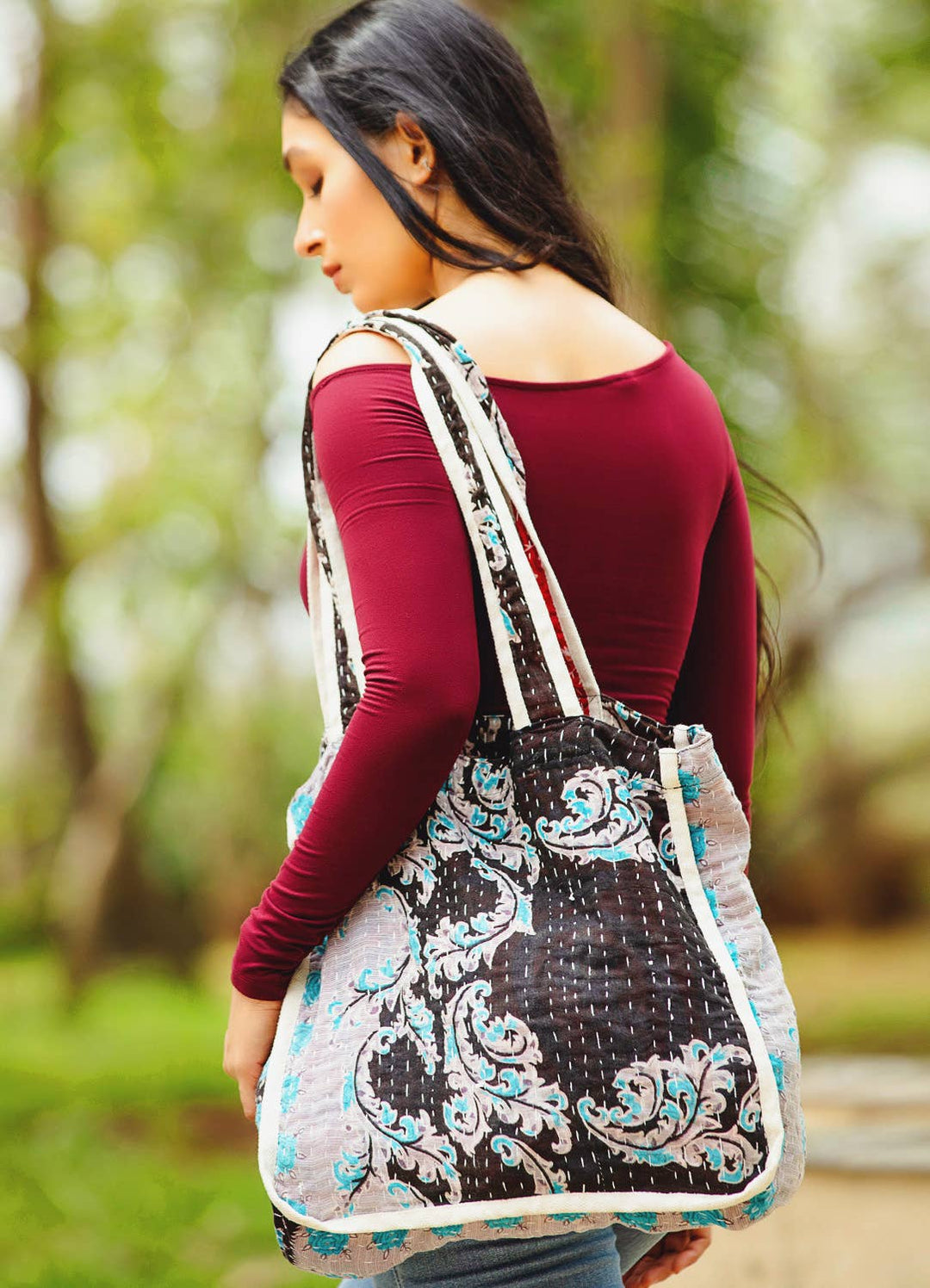 Black Kantha Market Tote Bags