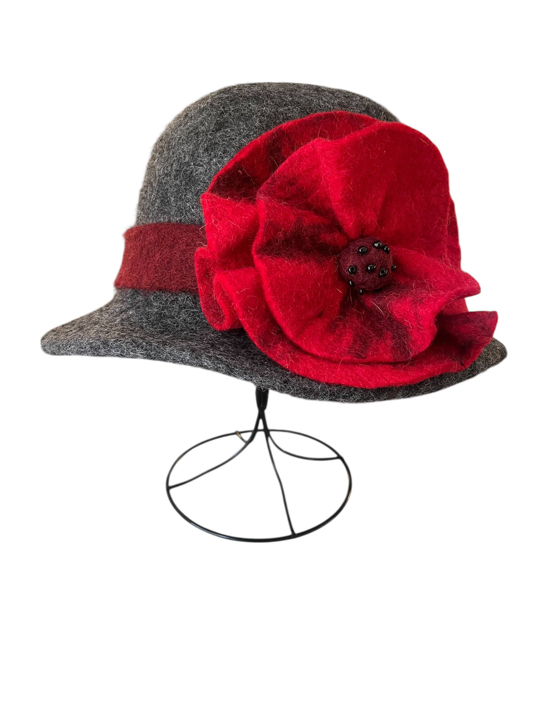 Gray Hat with Red Belt and Flower - Nepal
