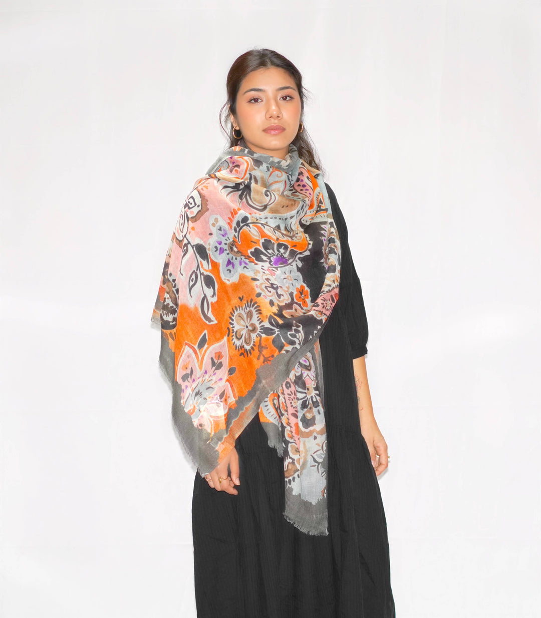 Wool/Silk Blend Printed Scarf-Orange Olive