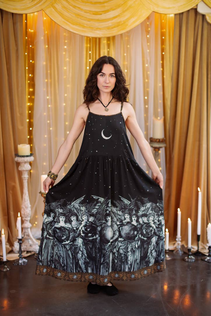 The Guardians Bohéme Slip Maxi Dress w/ Angels, Moon & Stars