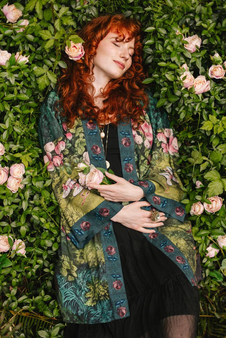 The Daydreamer Matinée Duster Kimono w/ Roses & Rabbits