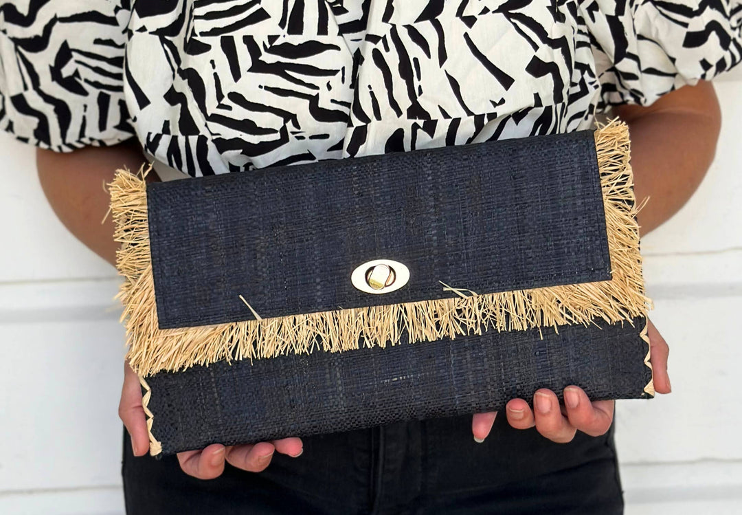Sophie Raffia Straw Envelope Clutch Purse with Raw Fringe