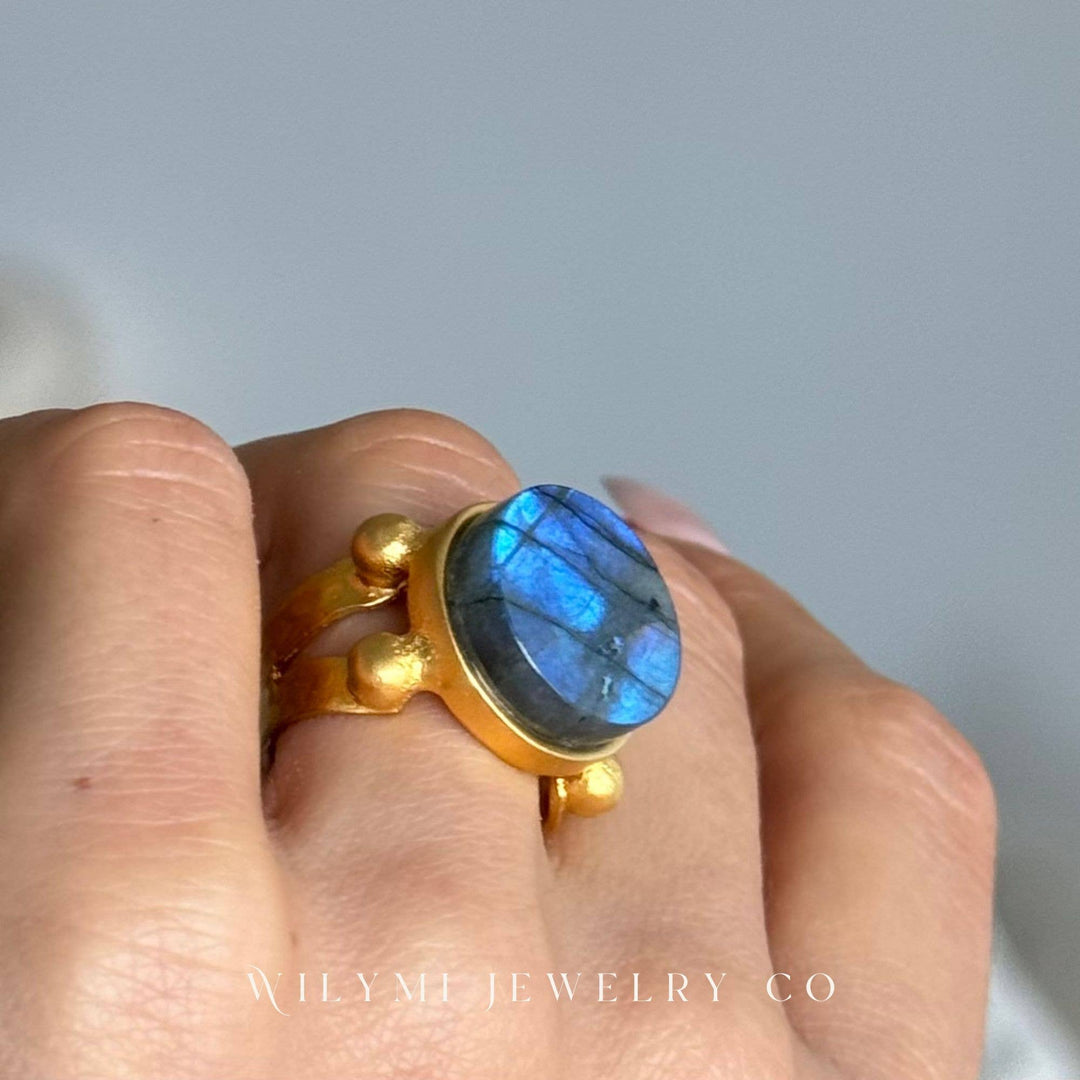 Labradorite 16mm Round Cut Flat Ring | 24k Gold Filled