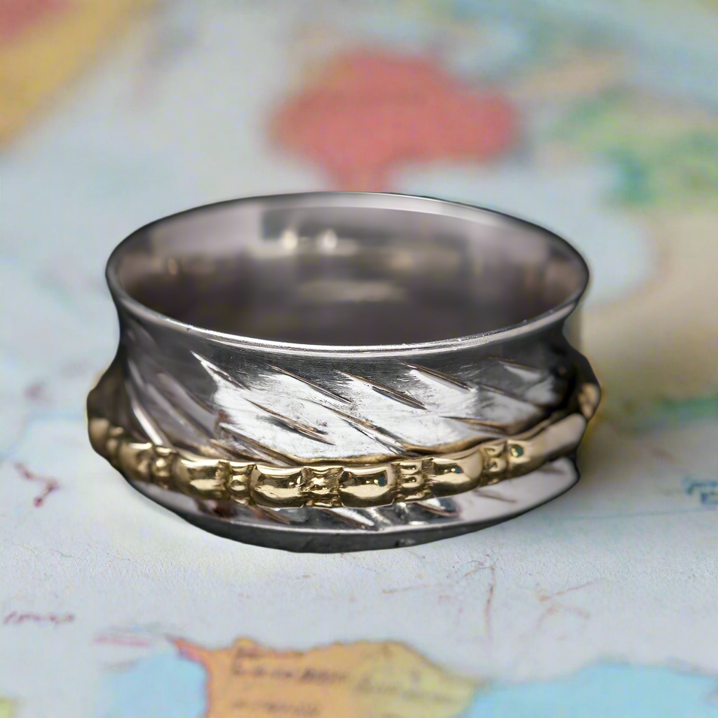 Etched Sterling Silver Spinner Ring w/ Brass Band