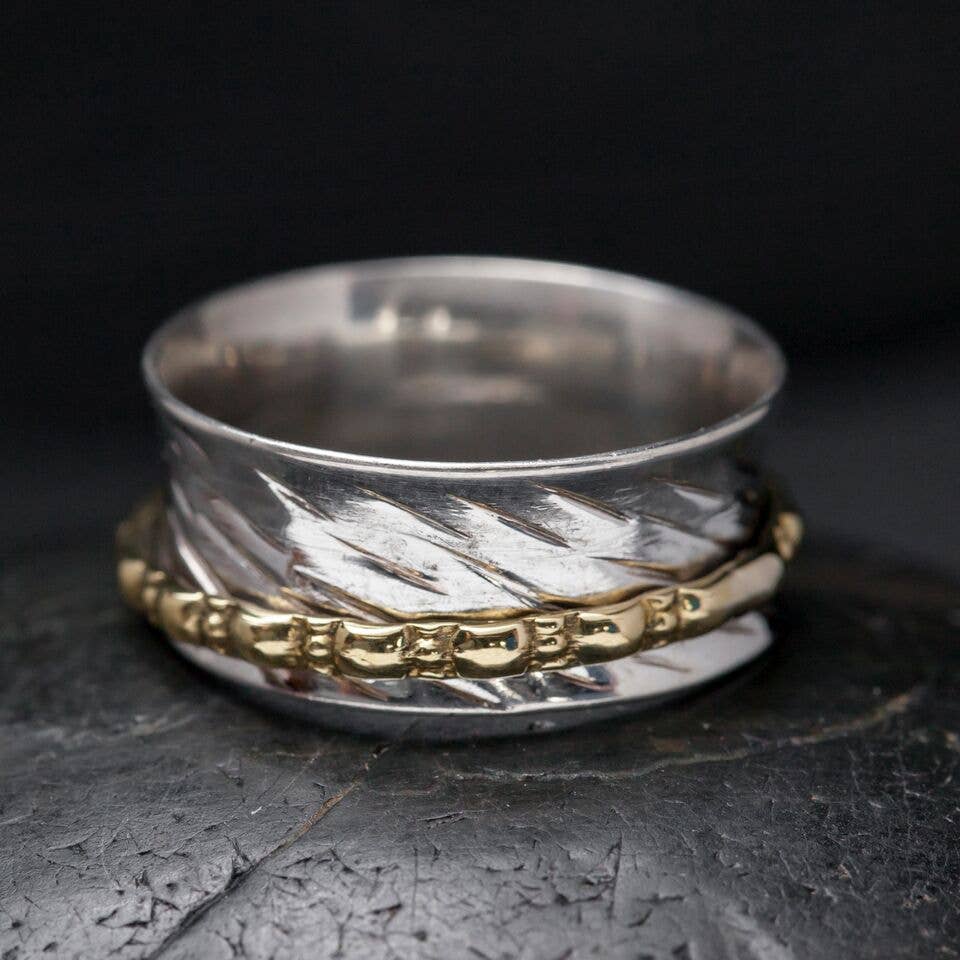 Etched Sterling Silver Spinner Ring w/ Brass Band