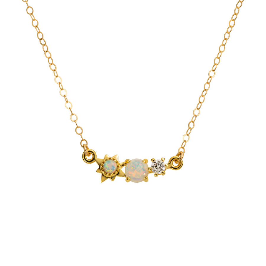 Gold necklace with opal and diamond pendant on a white background