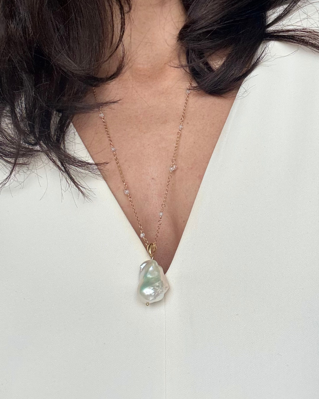 Long White Baroque Pearl Necklace + Herkimer Diamonds