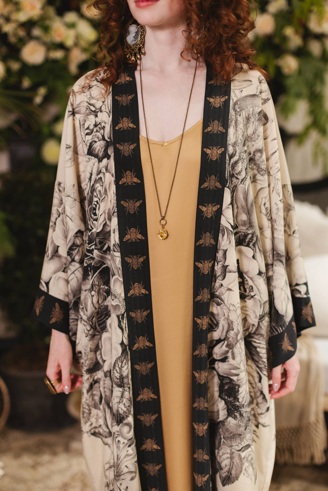 Honey & The Moon Opera Duster Kimono Robe w/ Florals & Bees