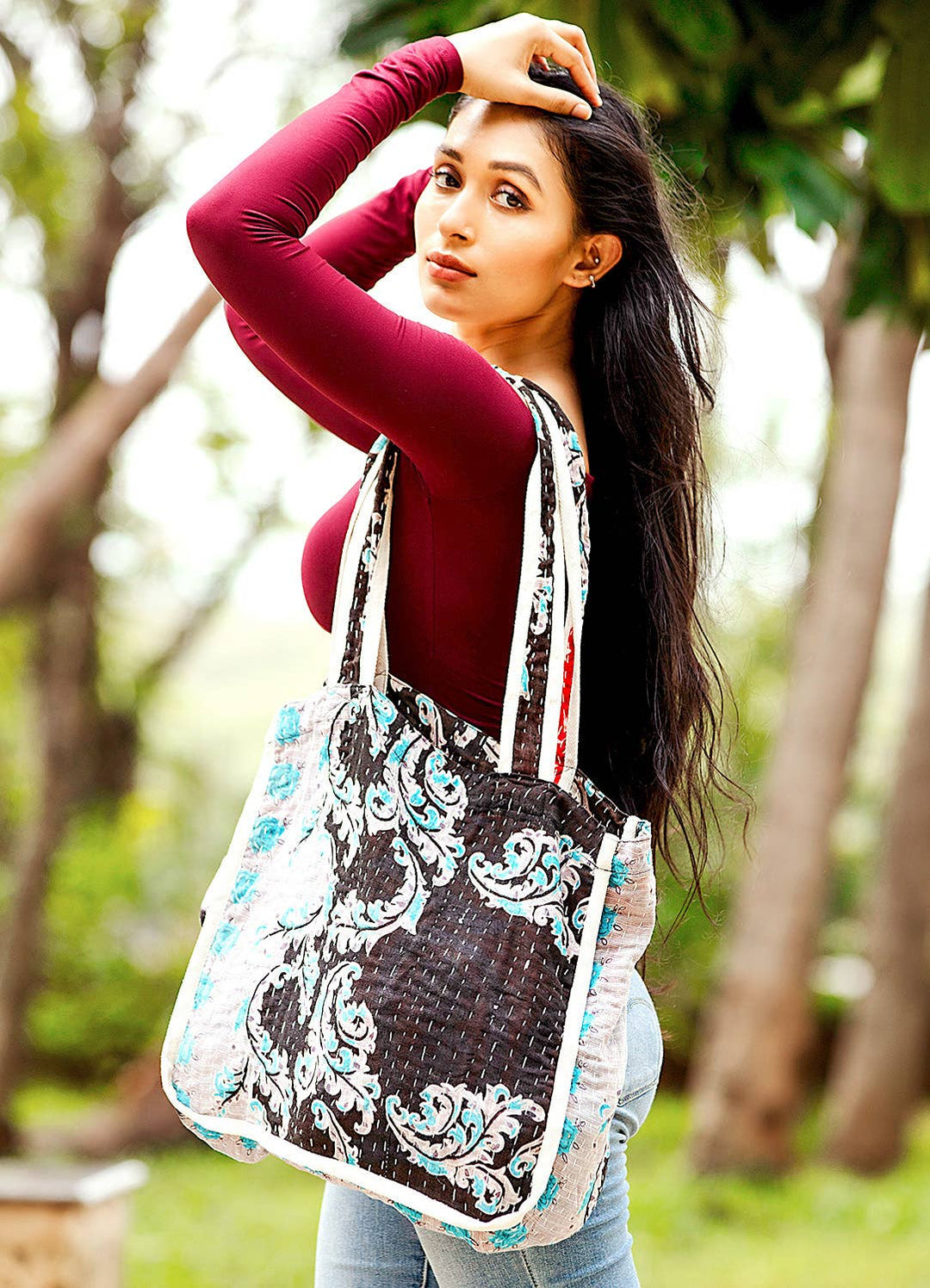 Black Kantha Market Tote Bags