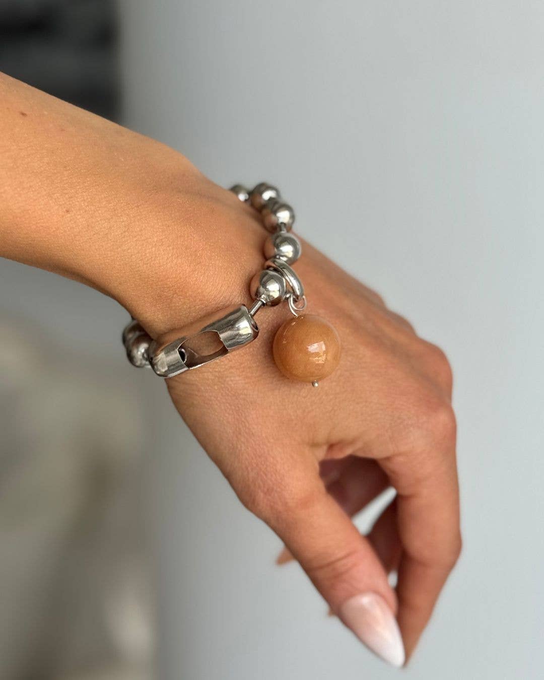 Silver Stainless Steel and 20mm Peach Aventurine Bracelet