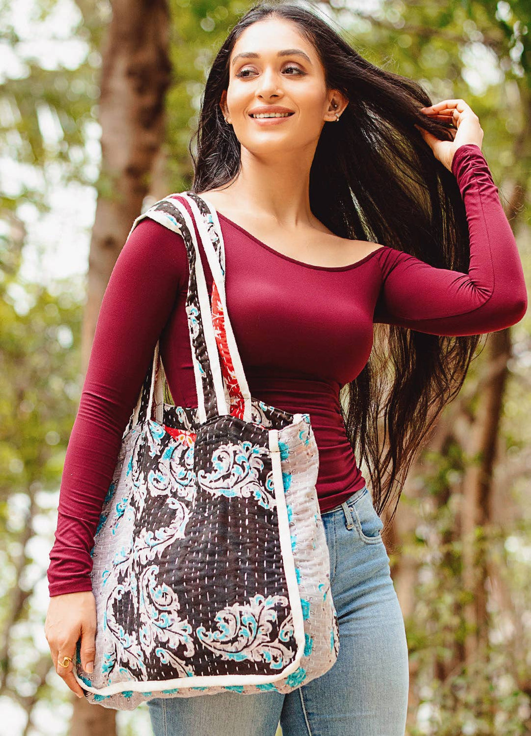 Black Kantha Market Tote Bags