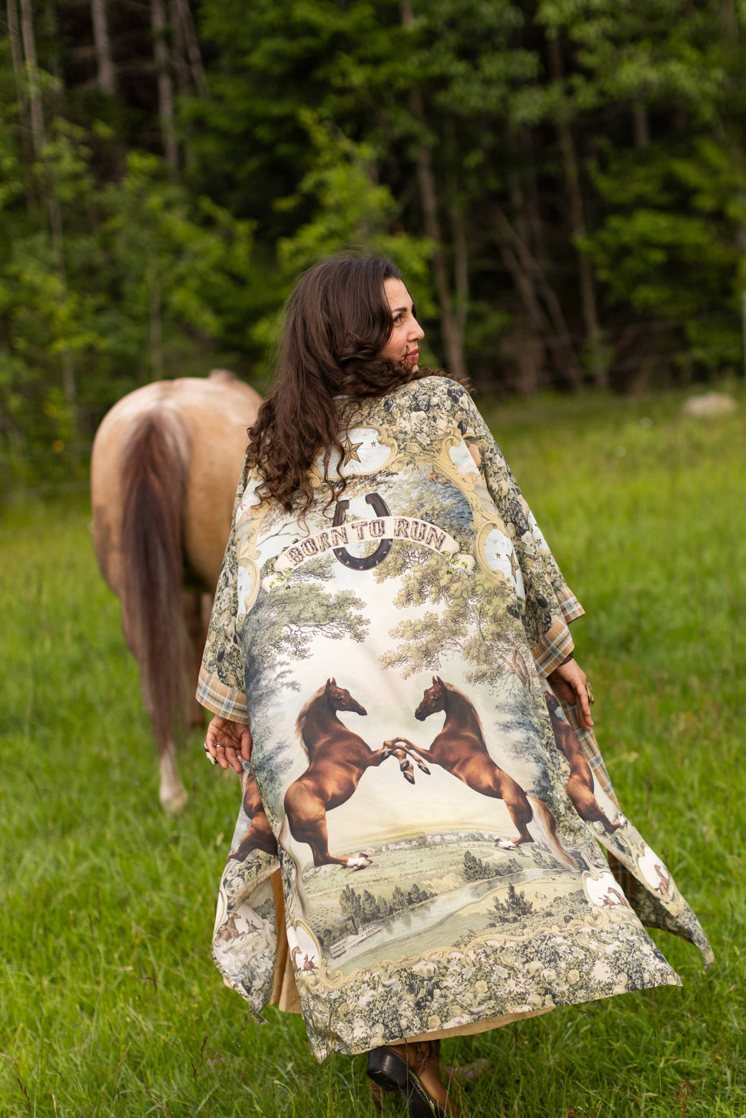 Born to Run Opera Duster Kimono Robe w/ Horse & Flower Print - Canada