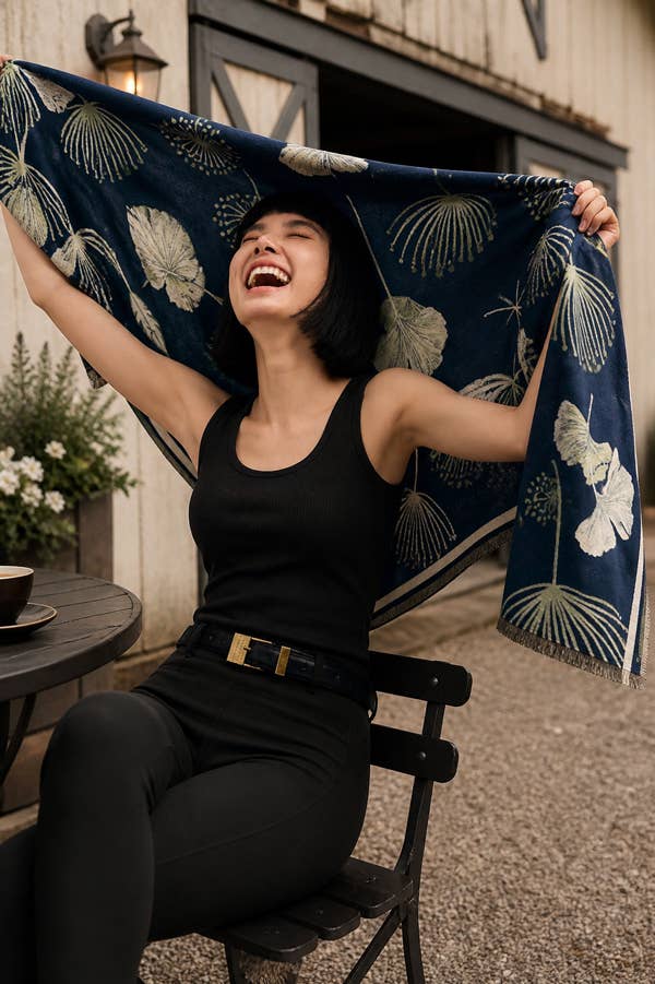 Navy / Cream Falling Ginkgo Reversible Wrap