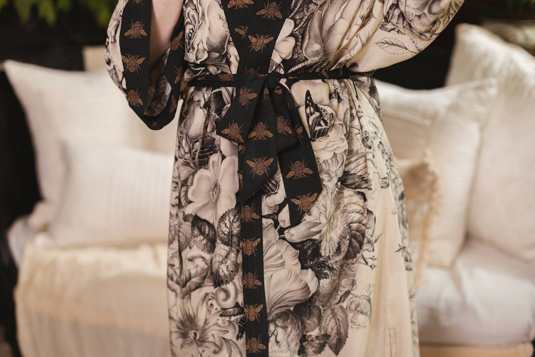 Honey & The Moon Opera Duster Kimono Robe w/ Florals & Bees