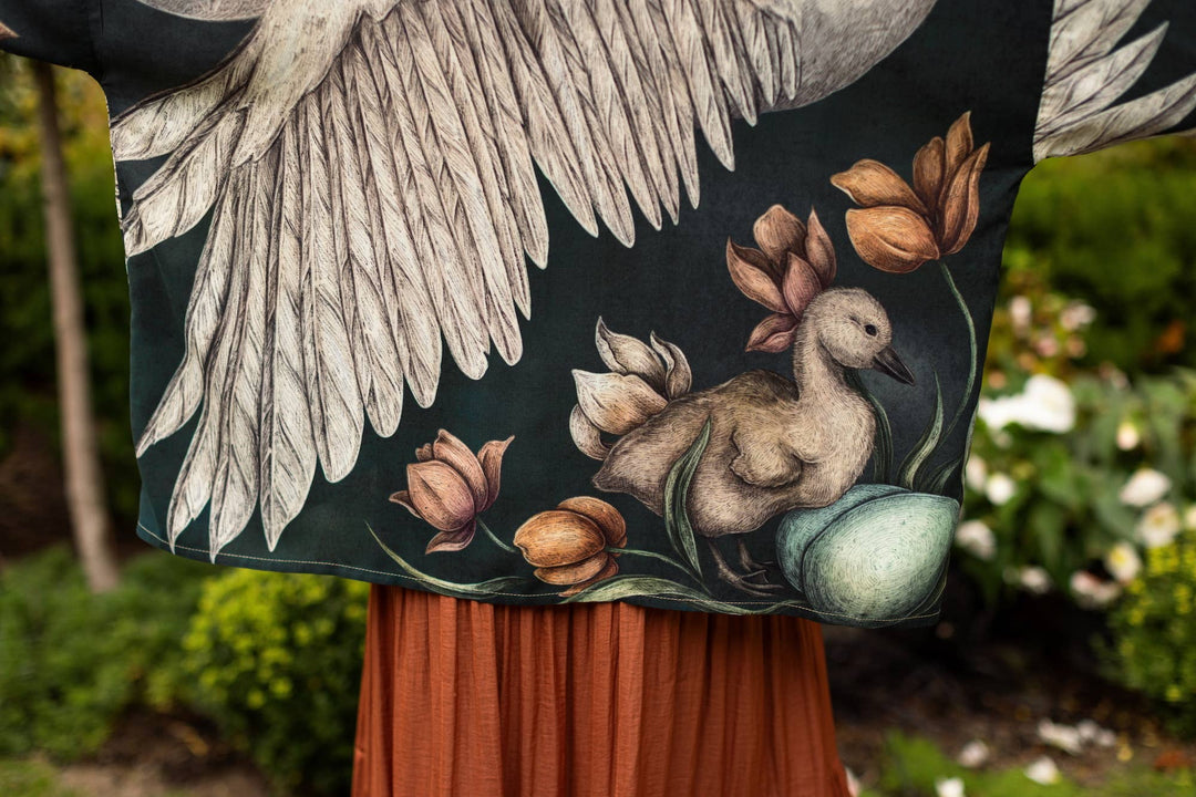 Under My Wing Pixie Crop Kimono w/ Swan & Feathers
