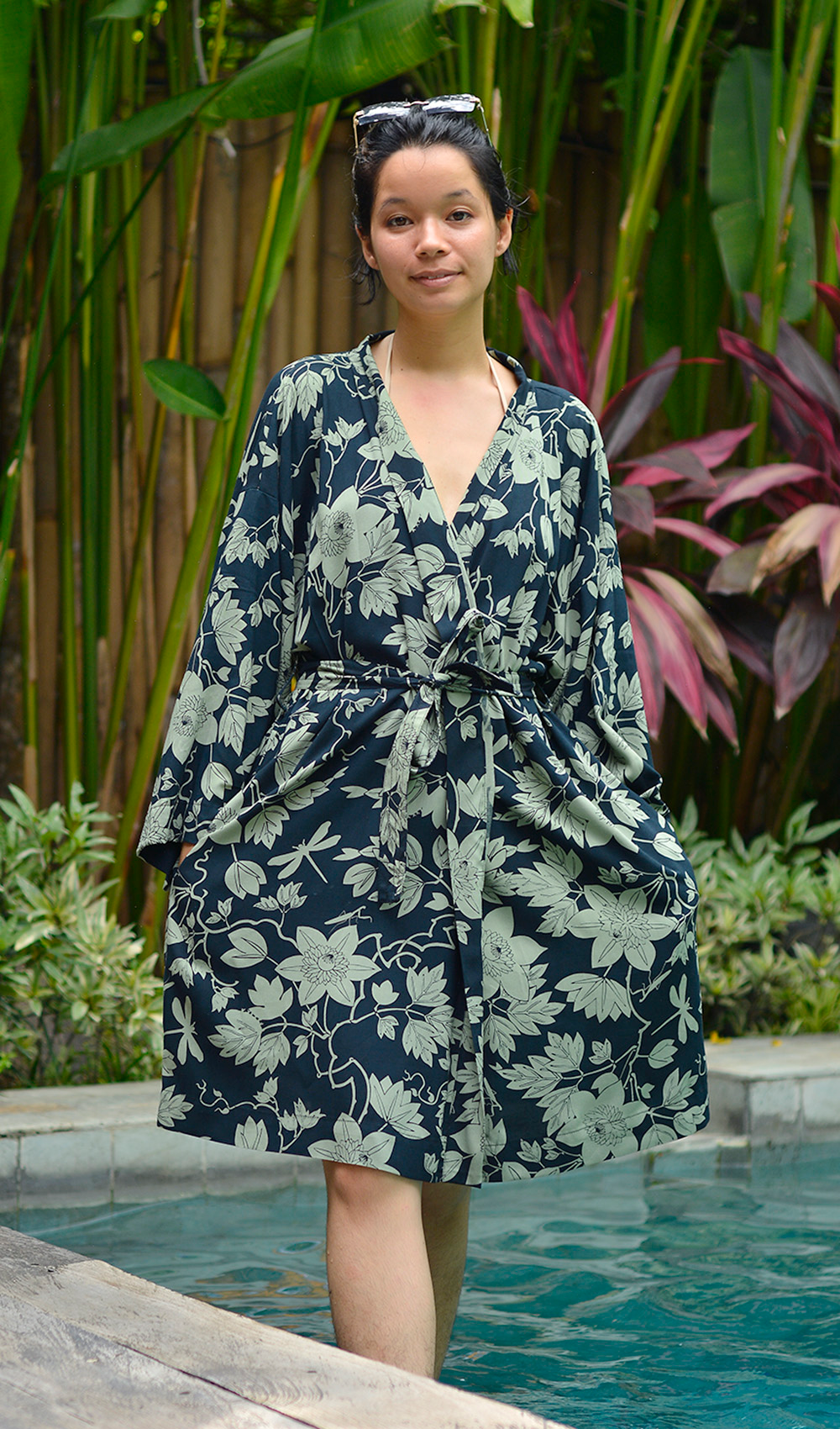 Passion Flower Short Kimono Robe Rayon - Bali