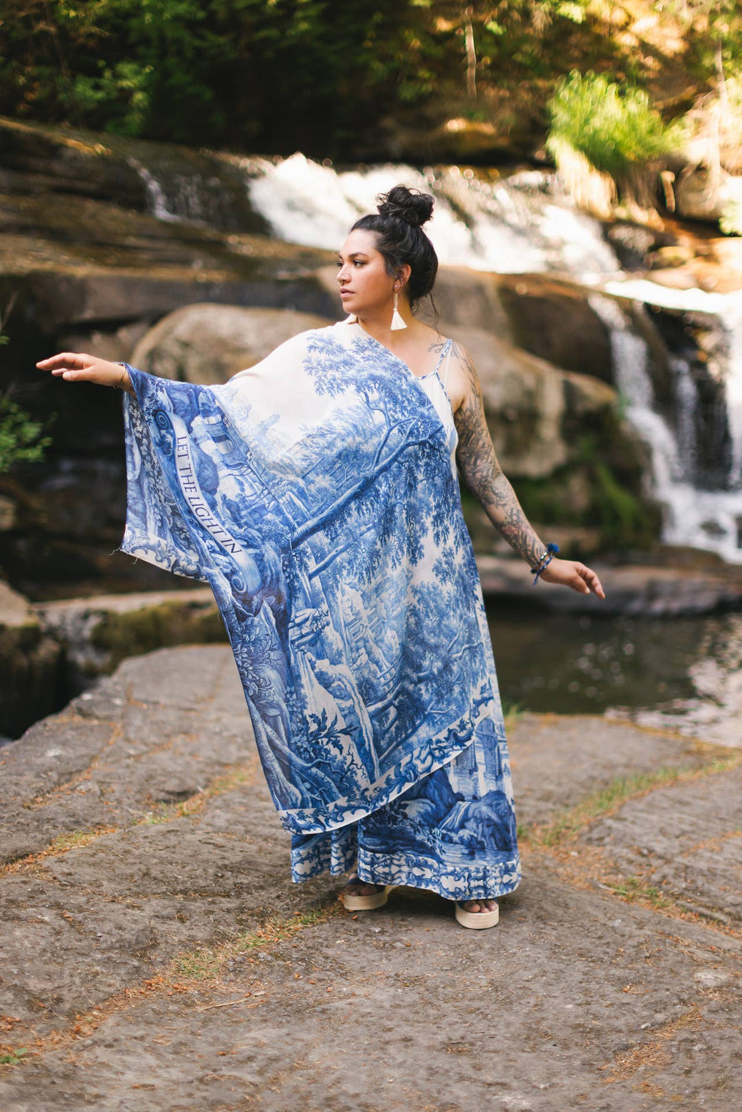 Let The Light In Bohemian Scarf w/ Blue Delft Toile Print