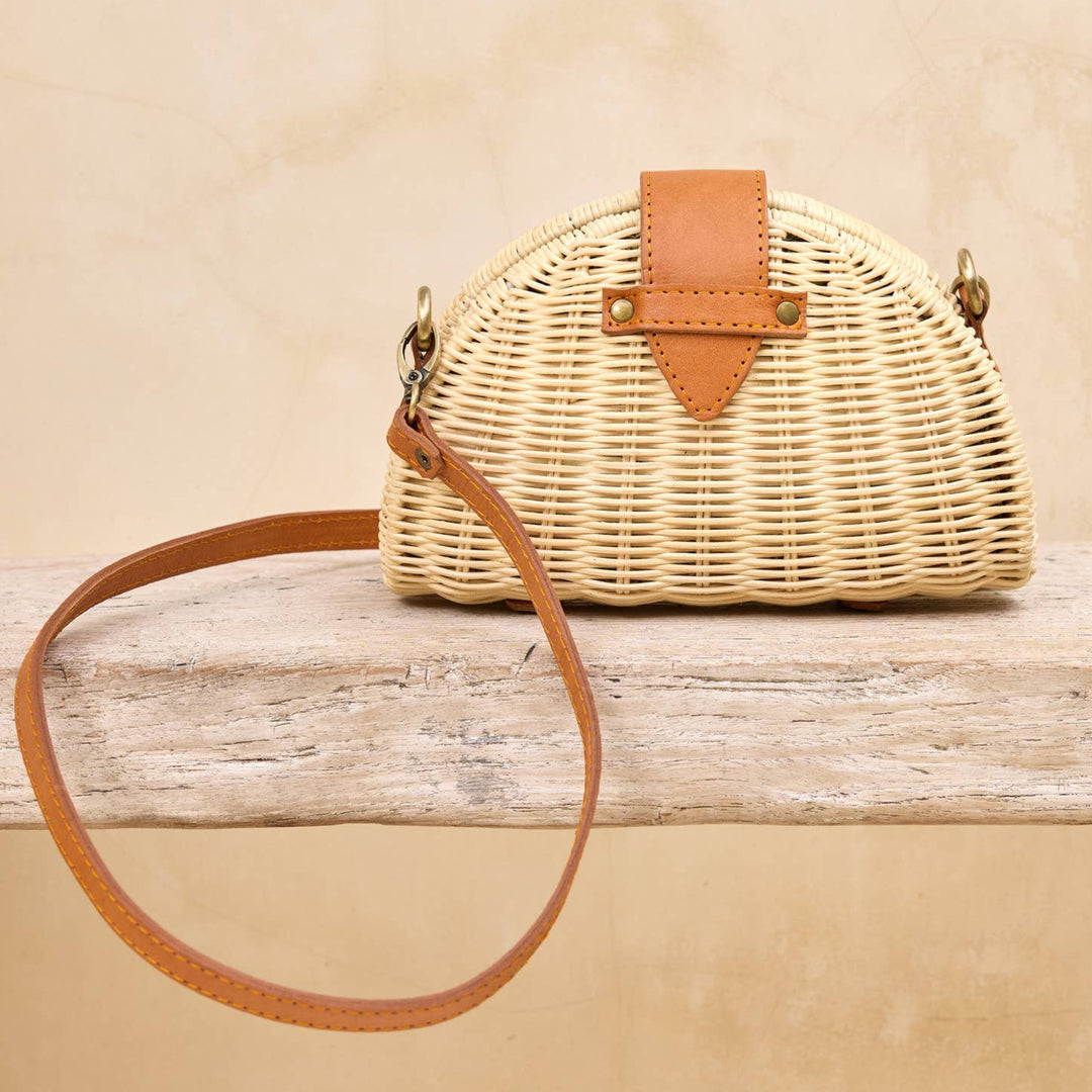 Ivory Rattan Clamshell Convertable Clutch and Crossbody Bag - Borneo