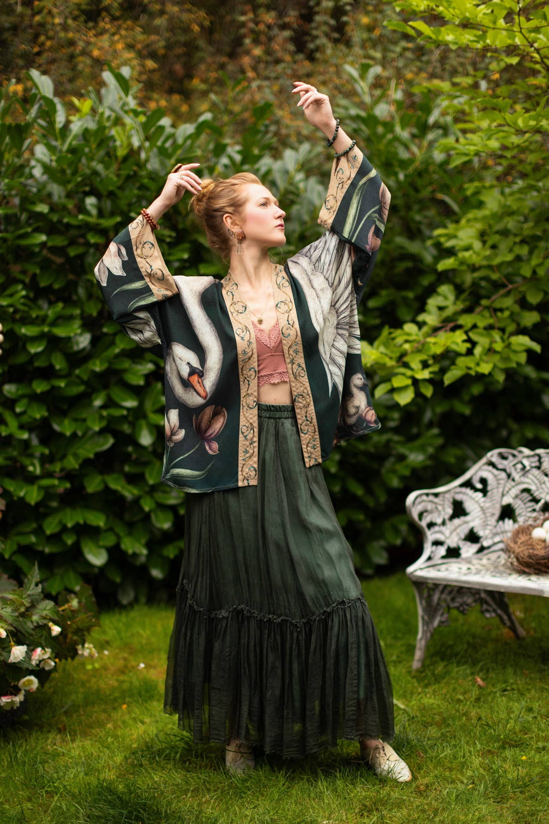 Under My Wing Pixie Crop Kimono w/ Swan & Feathers