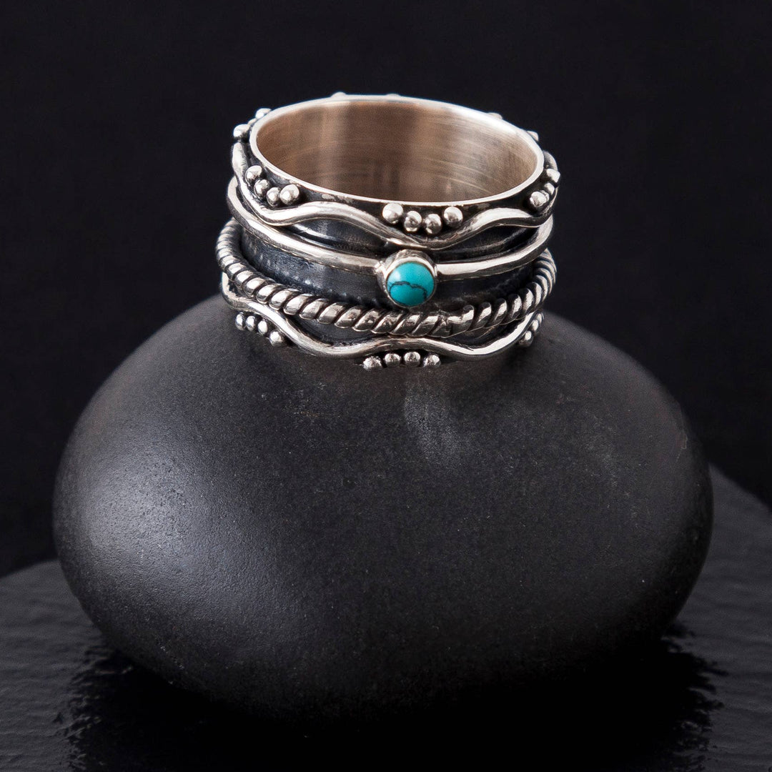 Oxidized Sterling Silver Spinner Ring w/ Turquoise - India