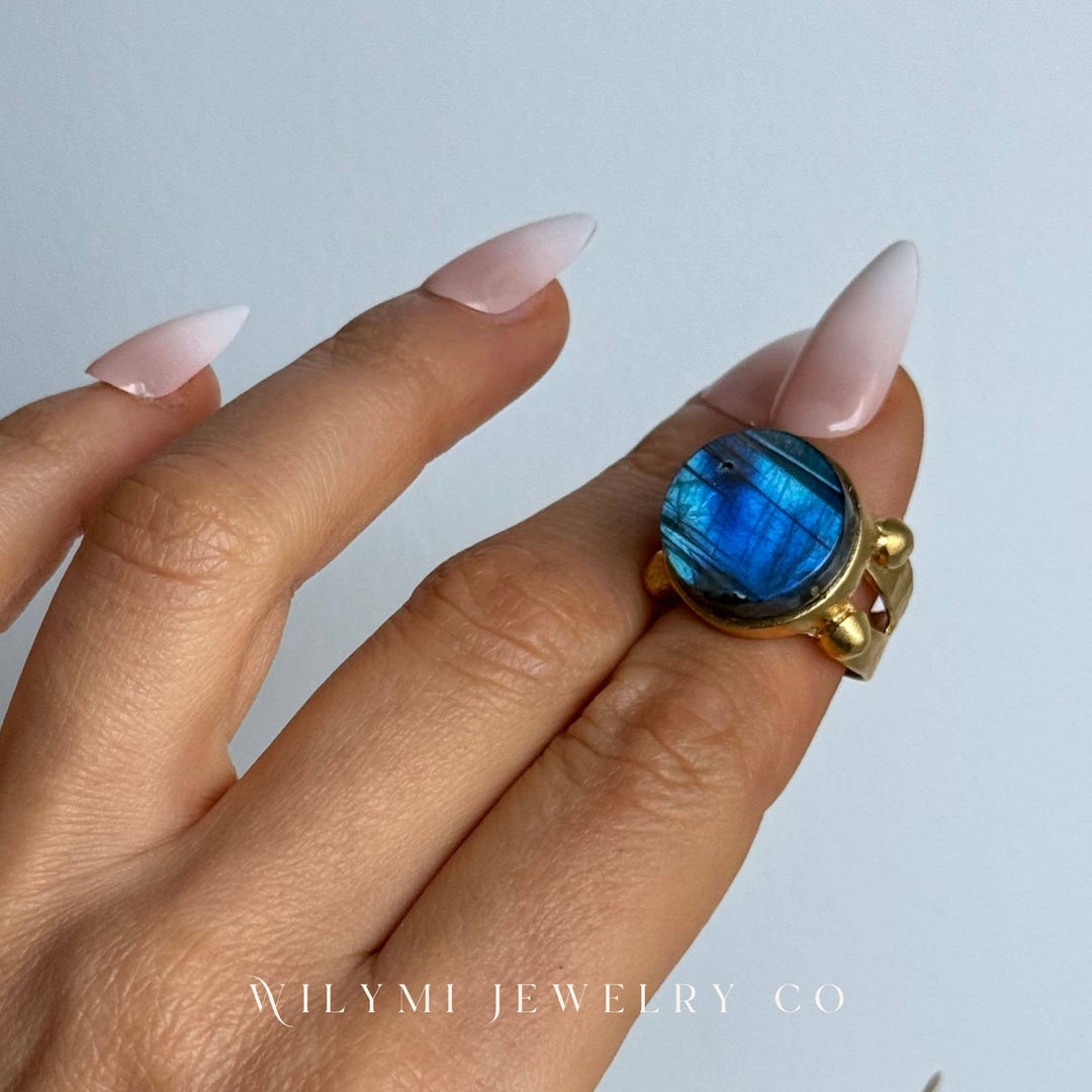 Labradorite 16mm Round Cut Flat Ring | 24k Gold Filled