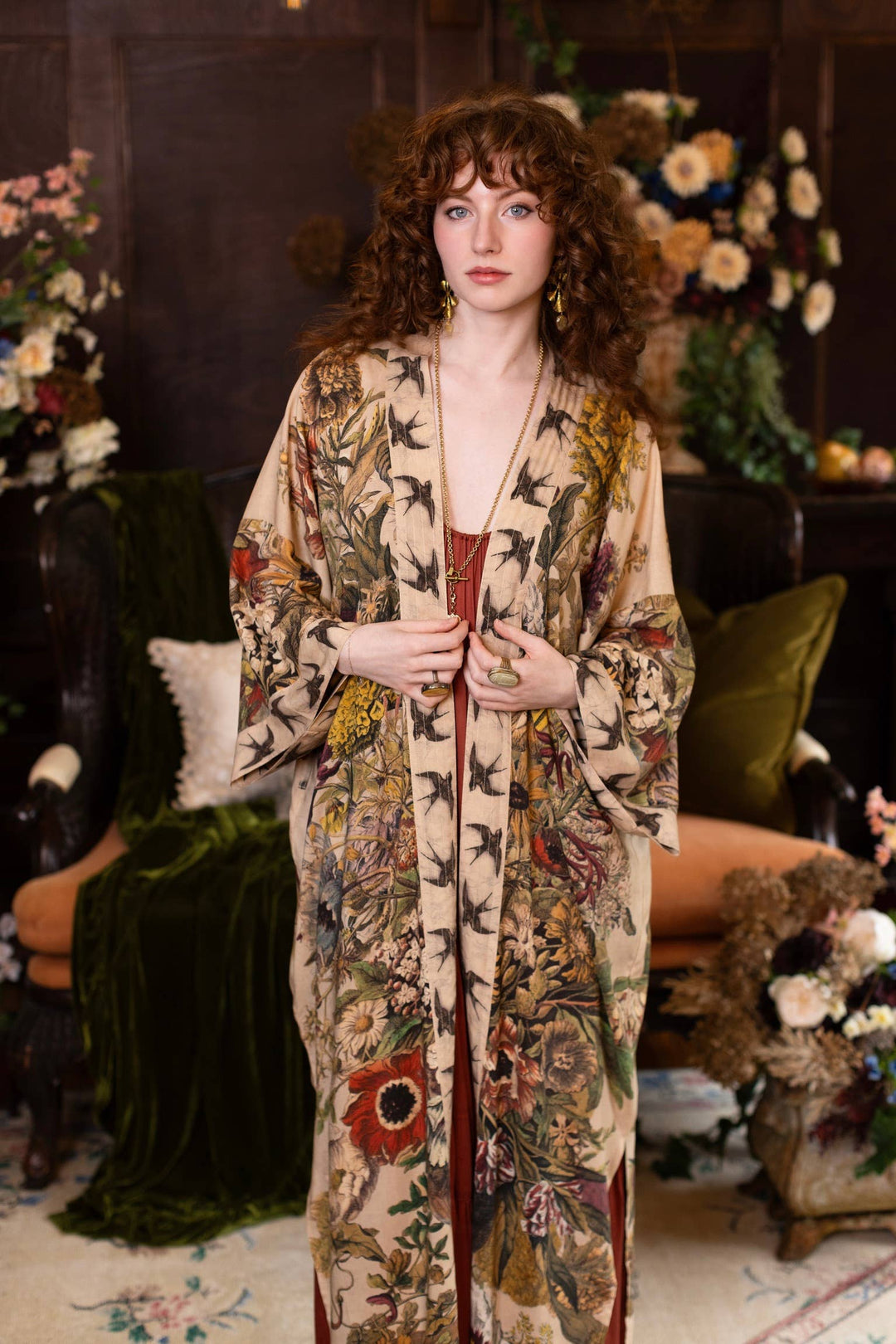 Golden Hour Opera Duster Kimono Robe w/  Floral Print