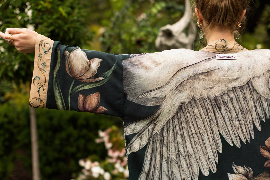 Under My Wing Pixie Crop Kimono w/ Swan & Feathers