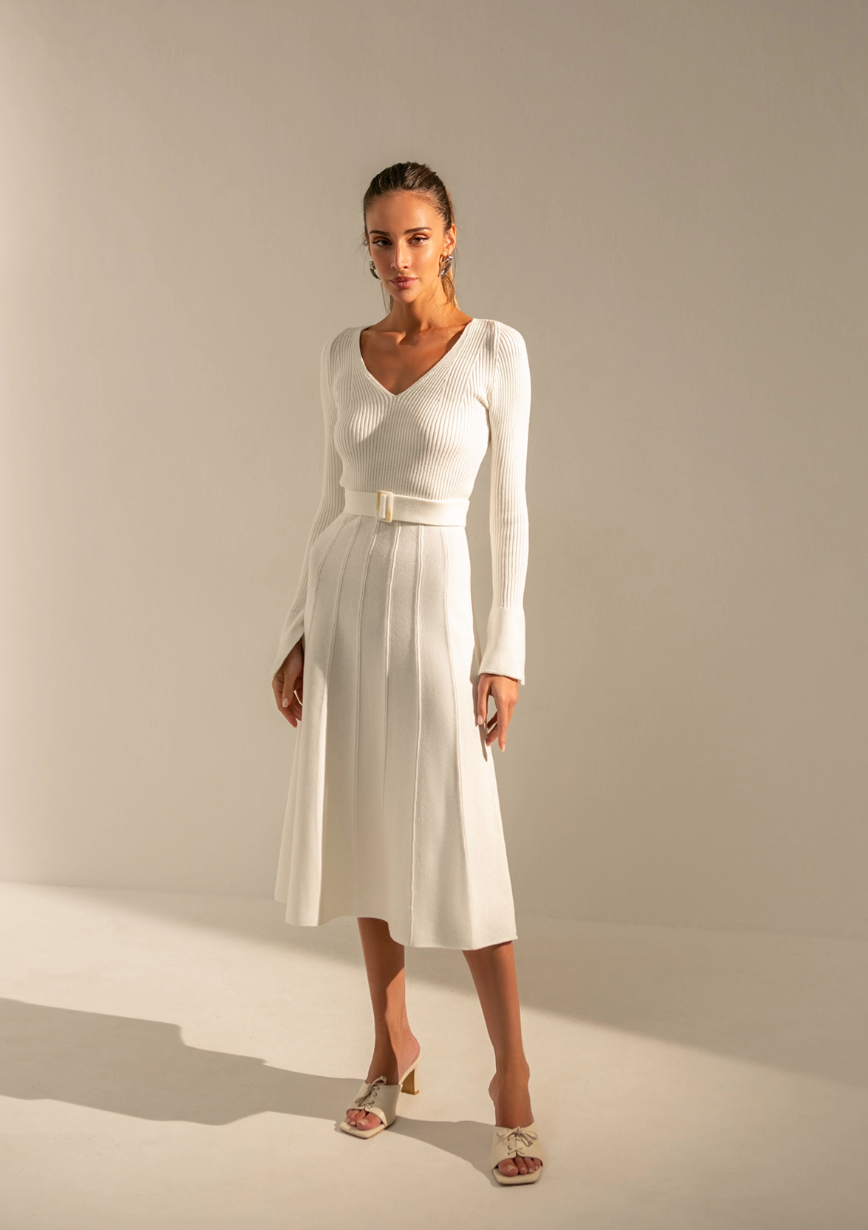 Knitted Belted V-neck Midi Dress Stephanie