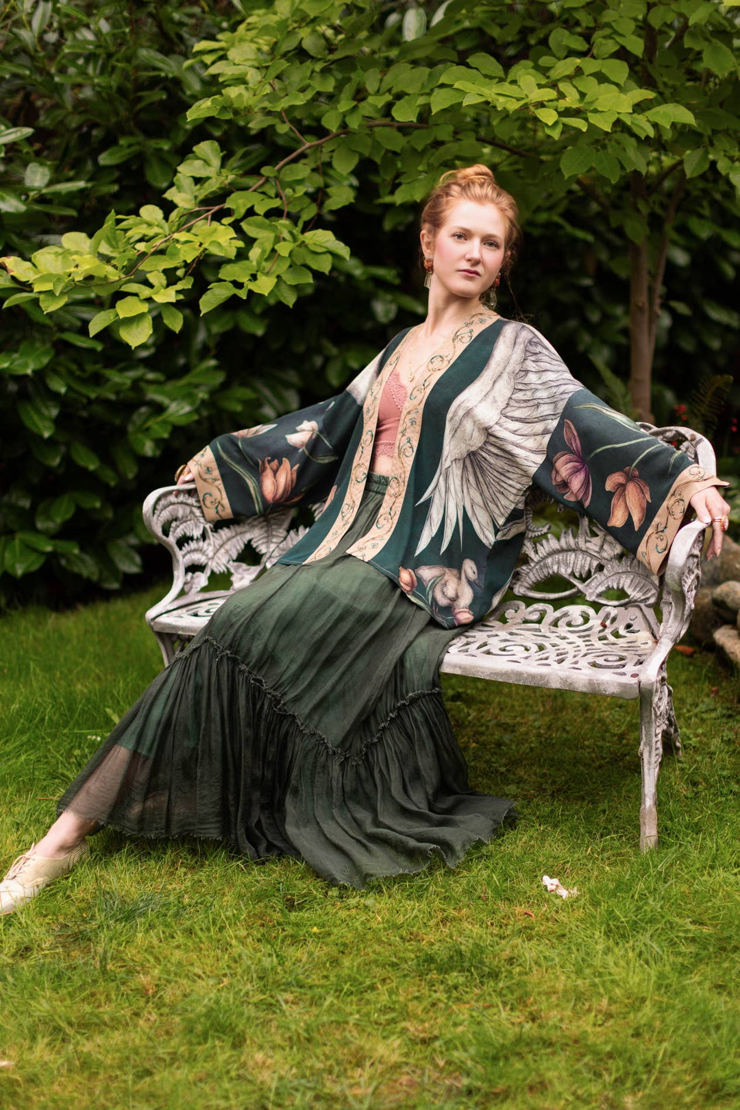 Under My Wing Pixie Crop Kimono w/ Swan & Feathers