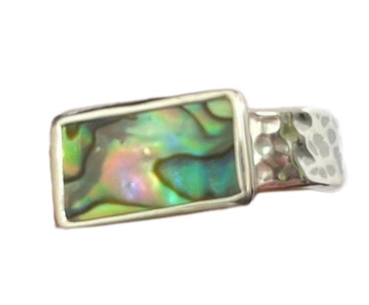 Jewelry clasp with abalone shell and silver finish on a white background